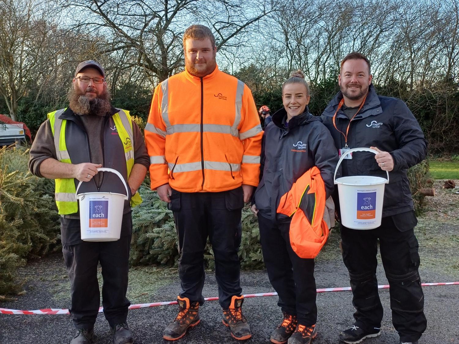 L-R Flagship’s Paul Howard, Callum Parkinson, Charlotte Bane and Joe McNeill during their Christmas tree collection for East Anglia’s Children’s Hospices