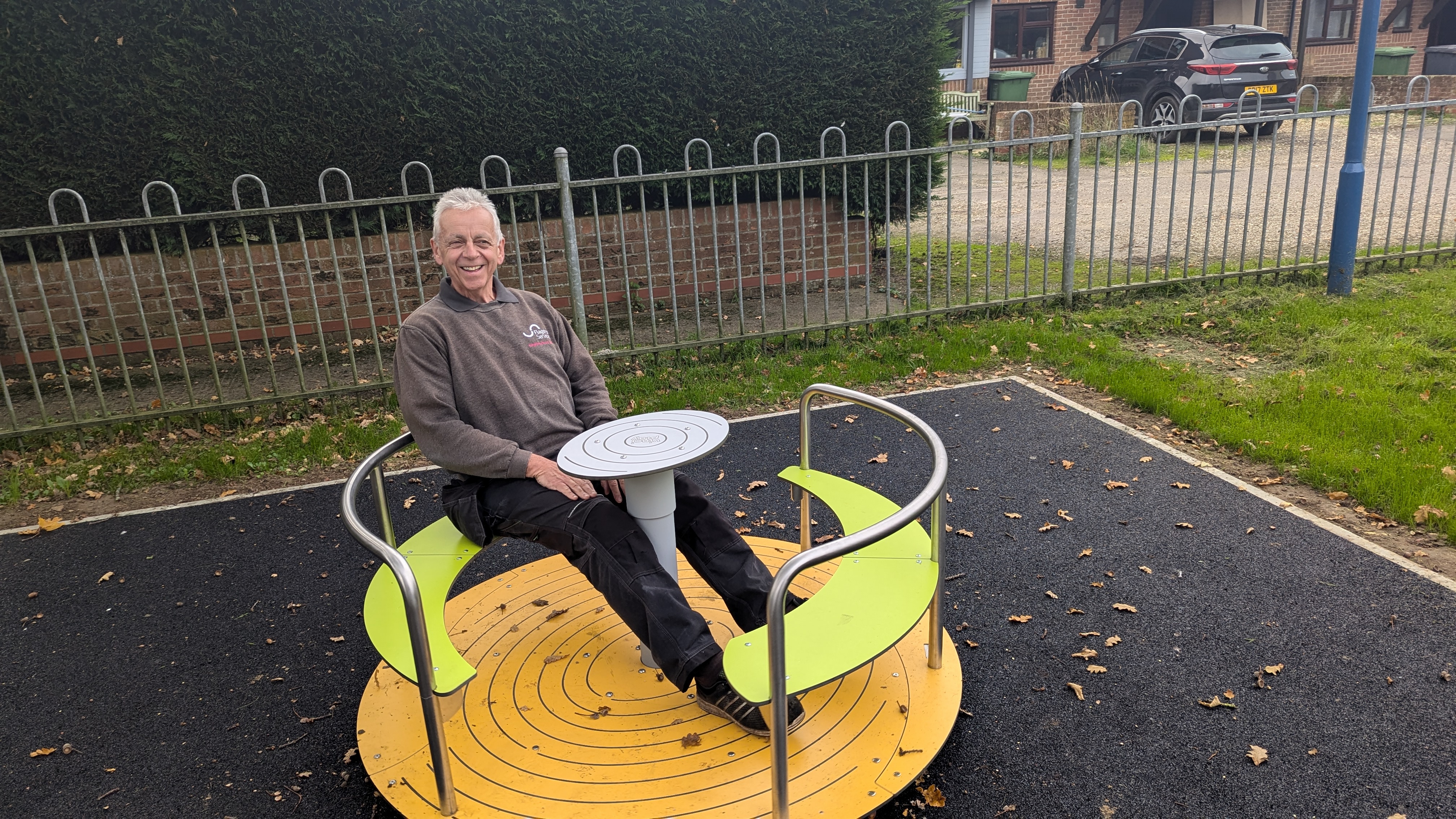 Neighbourhood officer Neil Turner tests out the new roundabout at Tinkers Close in Aldborough